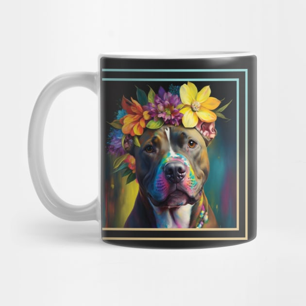 Sweet American Staffordshire Pit Bull Vibrant Flower Digital Oil Painting Portrait by ArtHouseFlunky